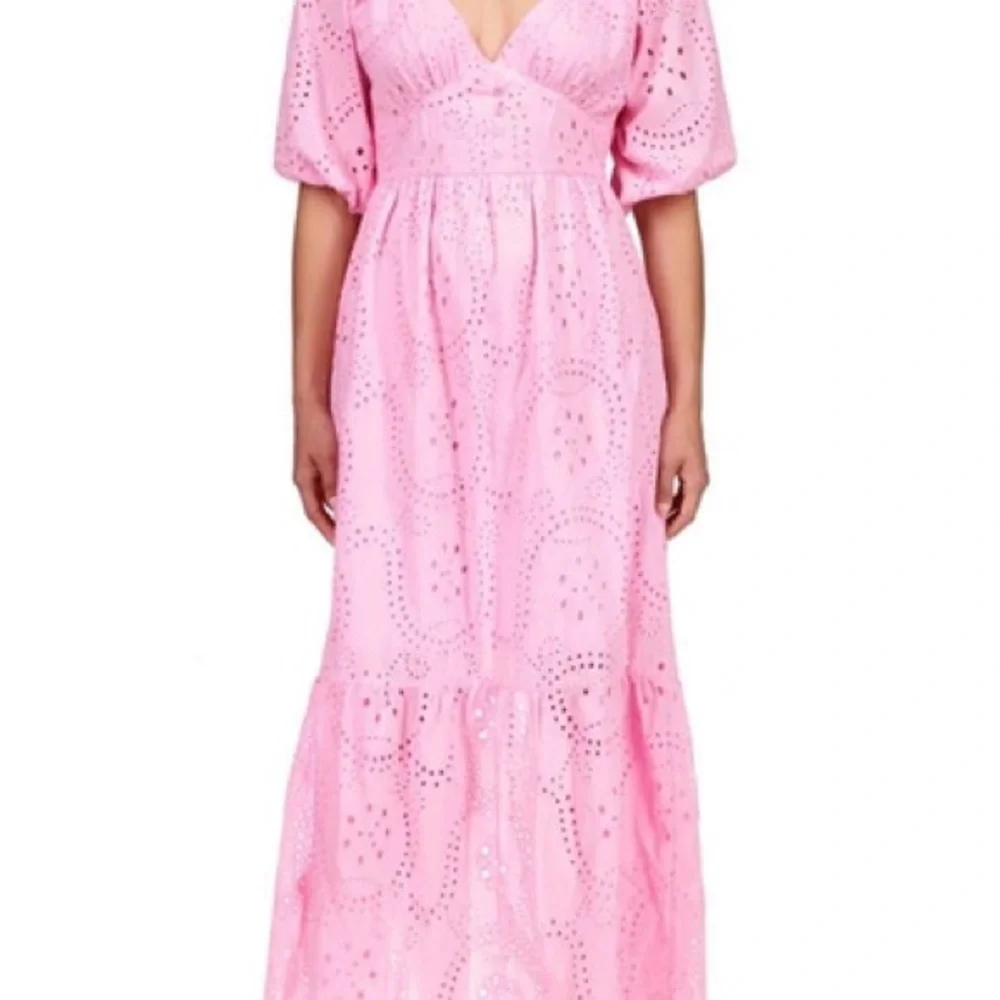Sanctuary Ruffle Puff Sleeve‎ Eyelet Maxi Dress Pink Size 10 NWOT